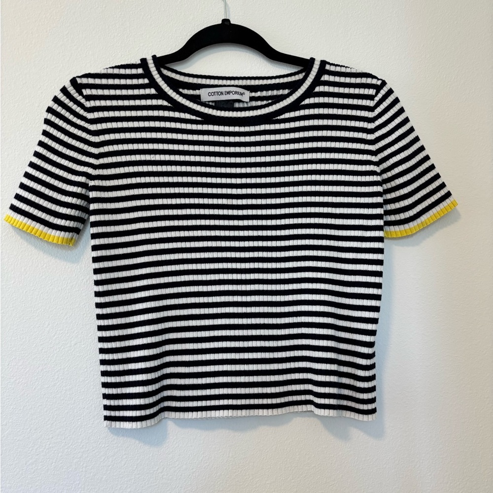 Cotton Emporium Striped Slightly Cropped Tee with Yellow Accents